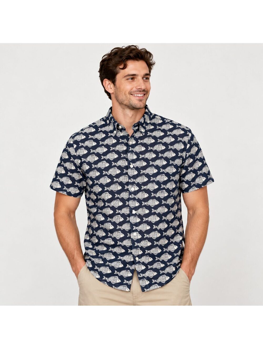 J.Crew Men's Small Slim Navy Fish Print 100% Linen Short Sleeve Button Shirt